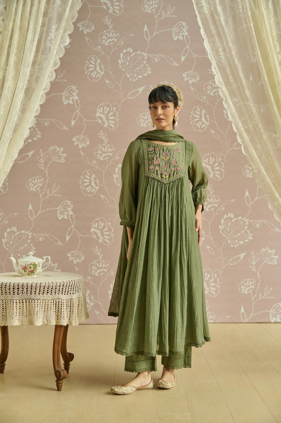 Olive Green Embroidered Yoke Kurta Set
