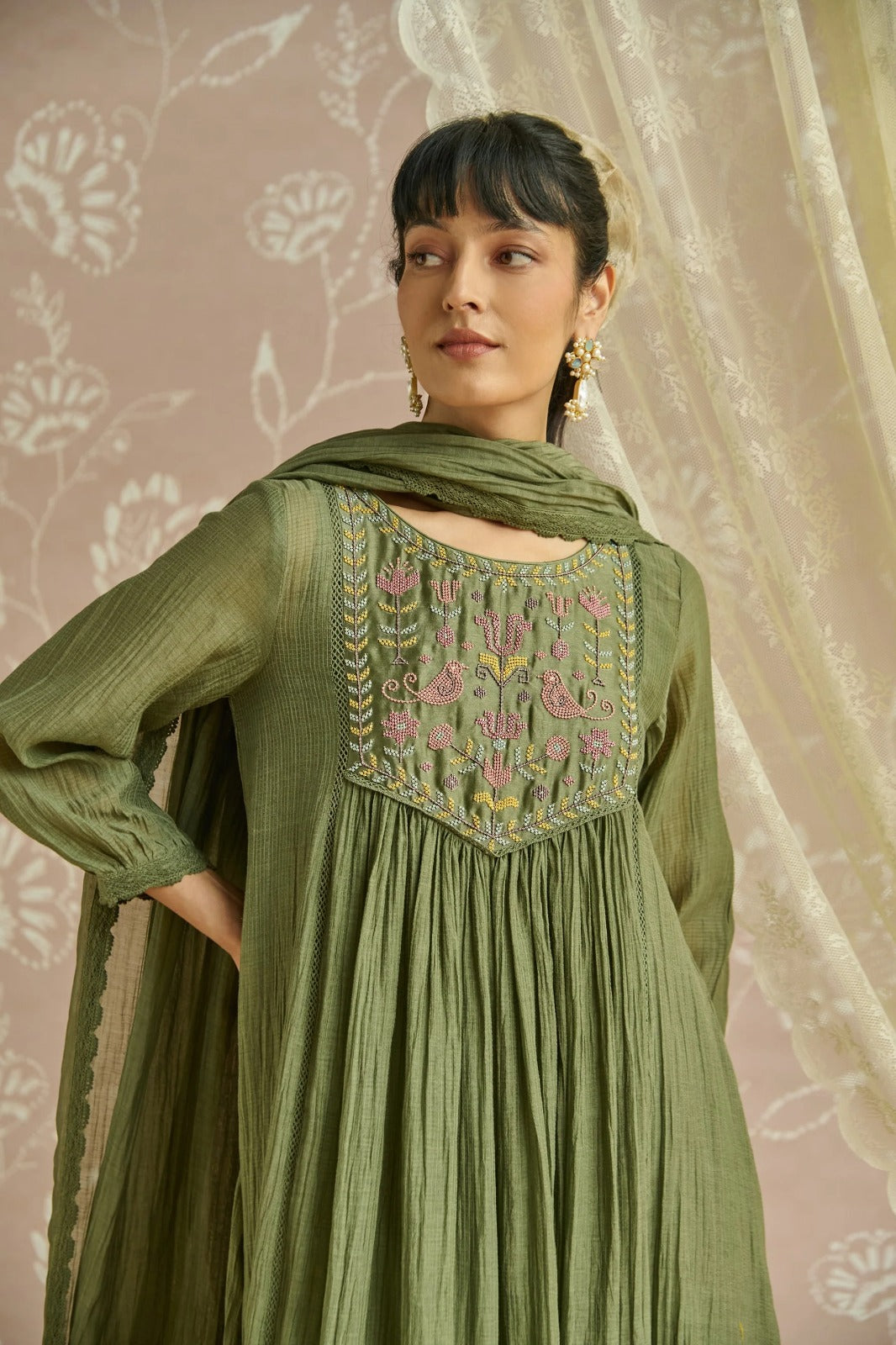 Olive Green Embroidered Yoke Kurta Set