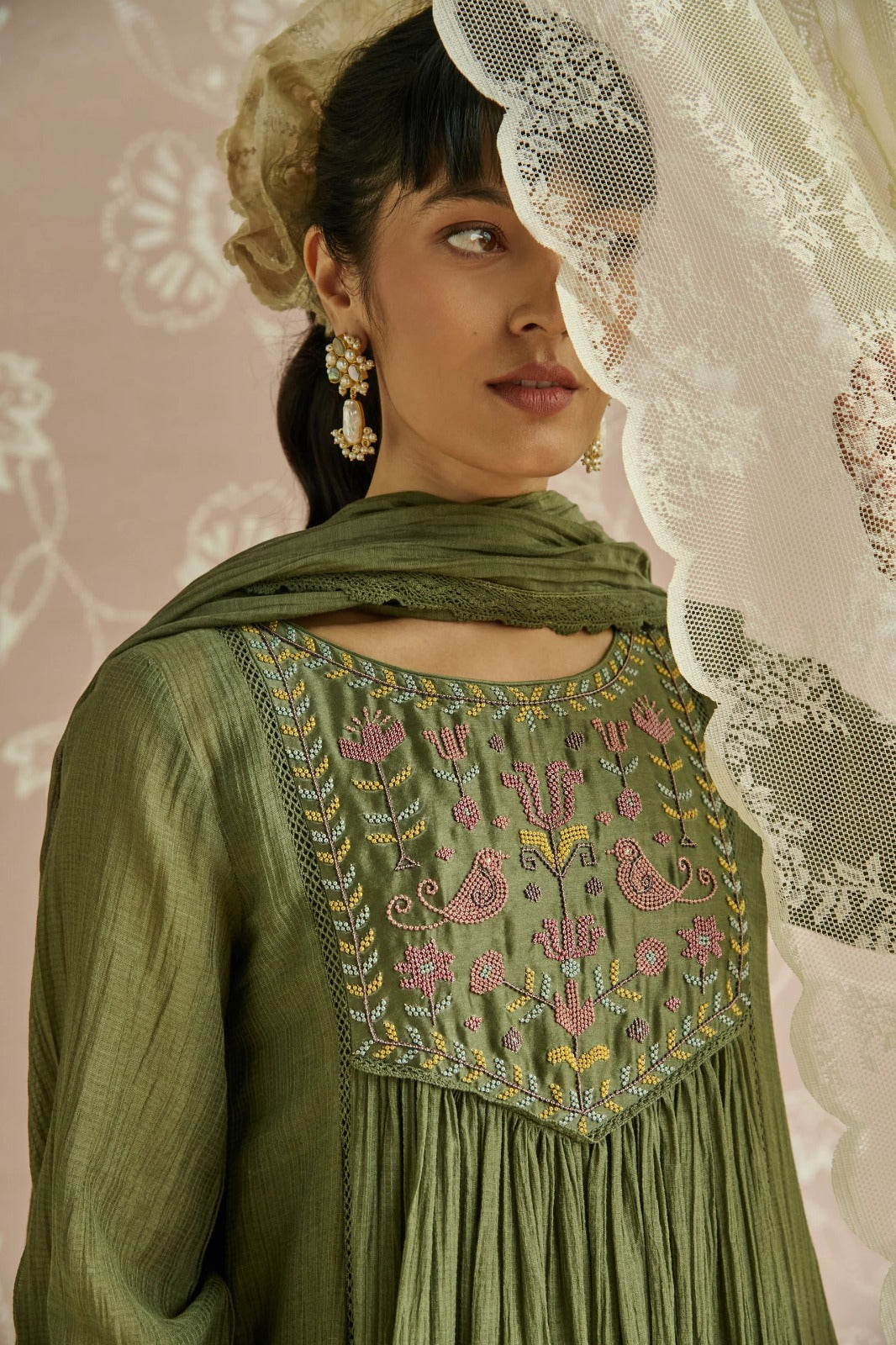 Olive Green Embroidered Yoke Kurta Set