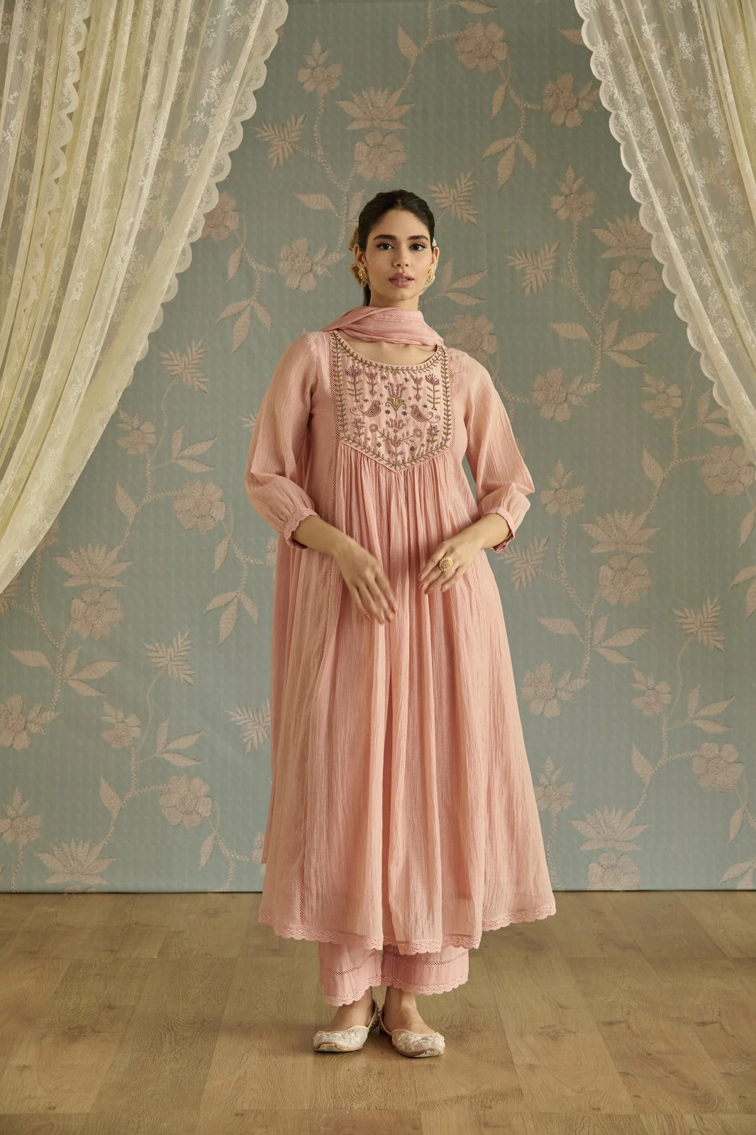 Blush Pink Embroidered Yoke Kurta Set