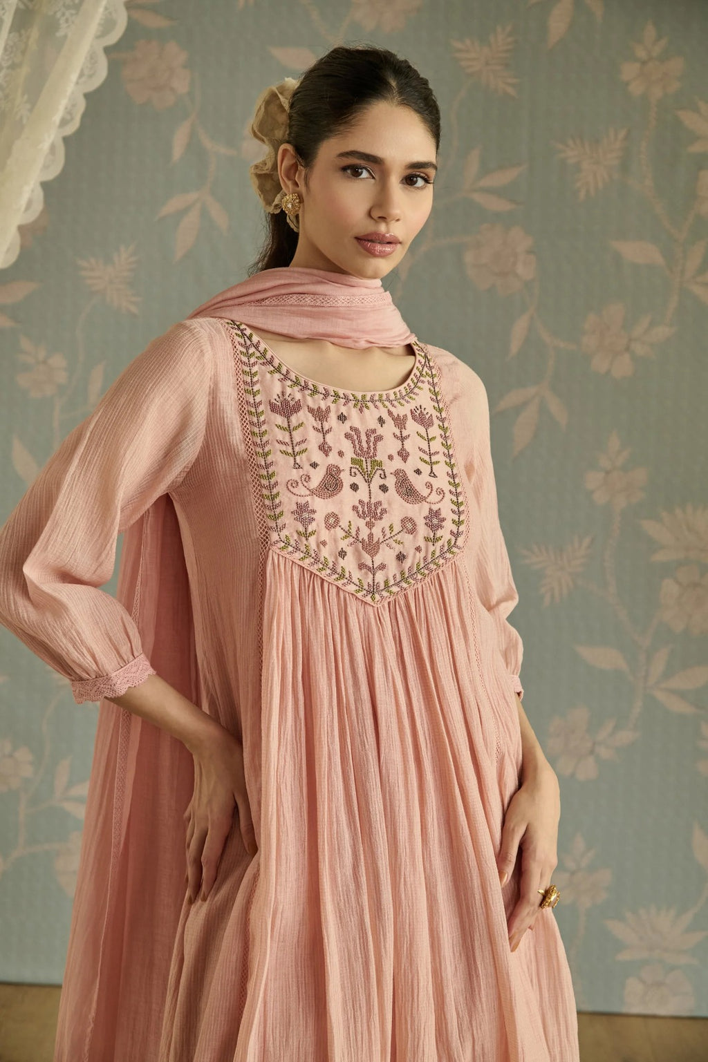 Blush Pink Embroidered Yoke Kurta Set