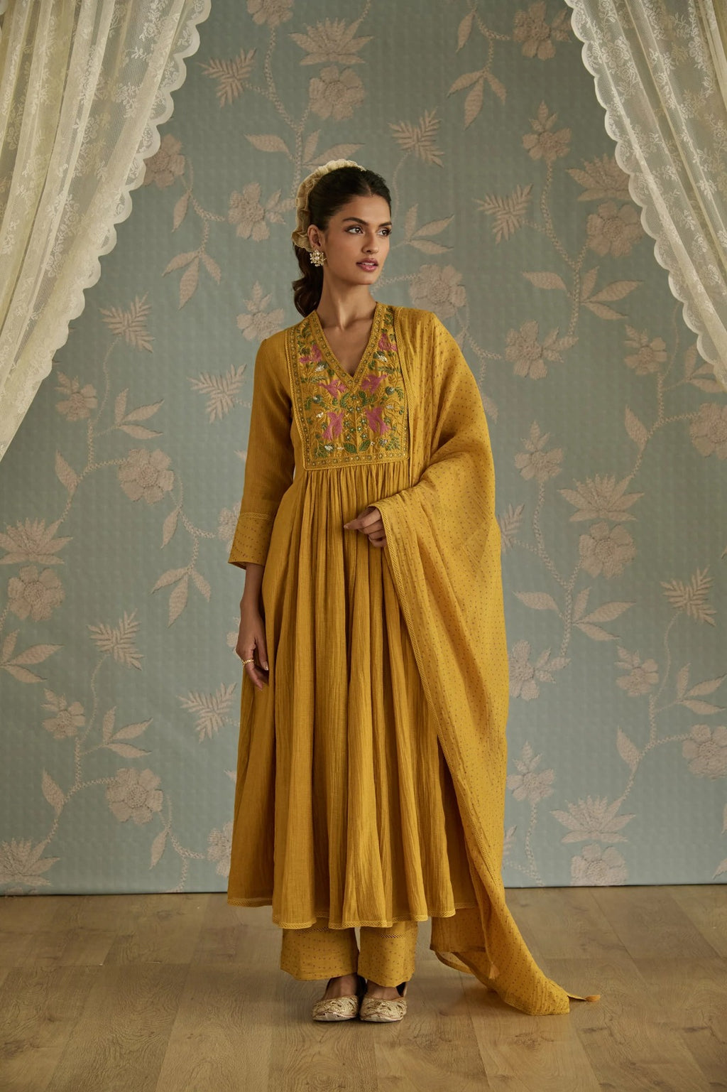 Mustard Yellow Embroidered Kurta Set