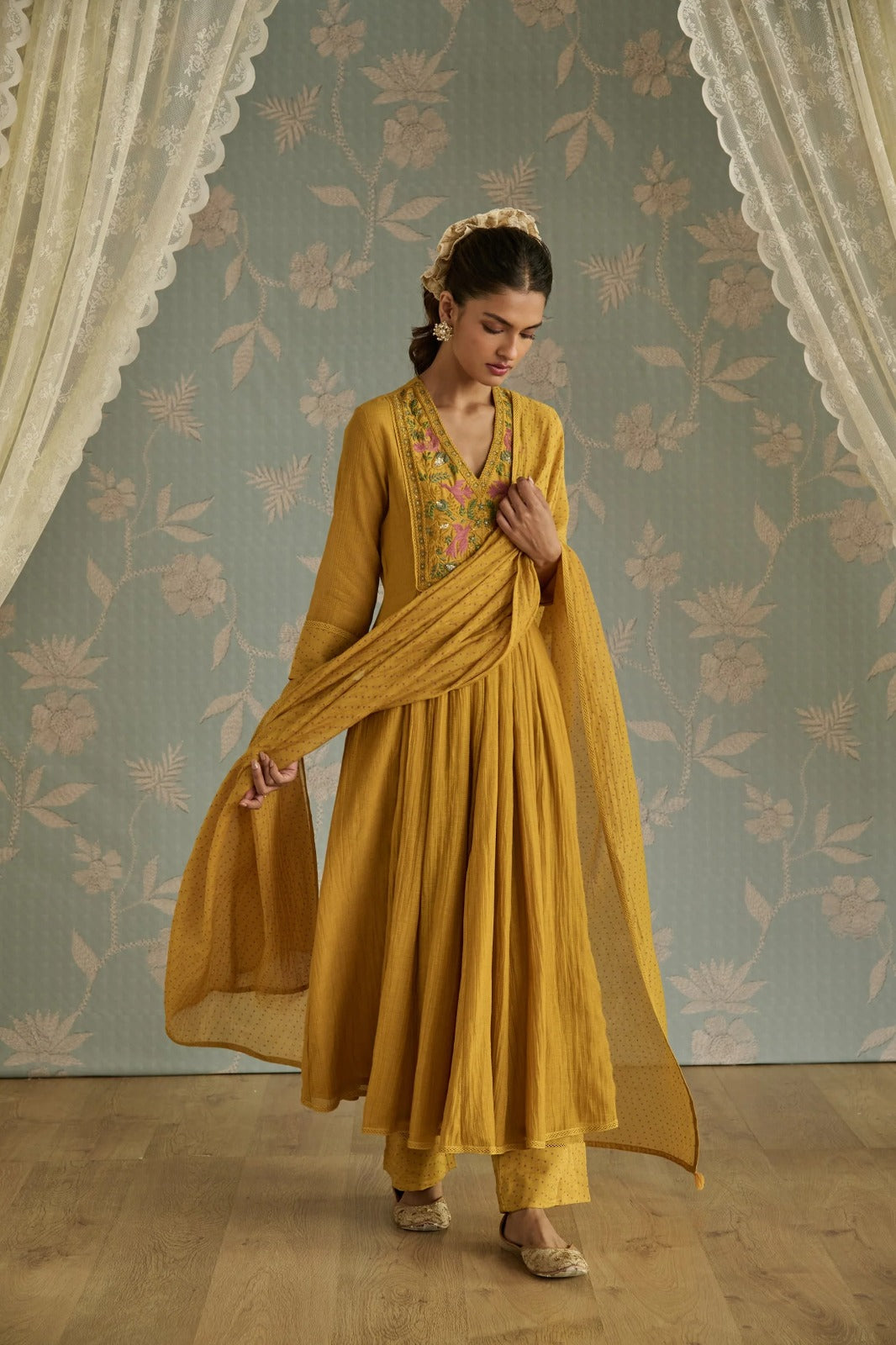 Mustard Yellow Embroidered Kurta Set