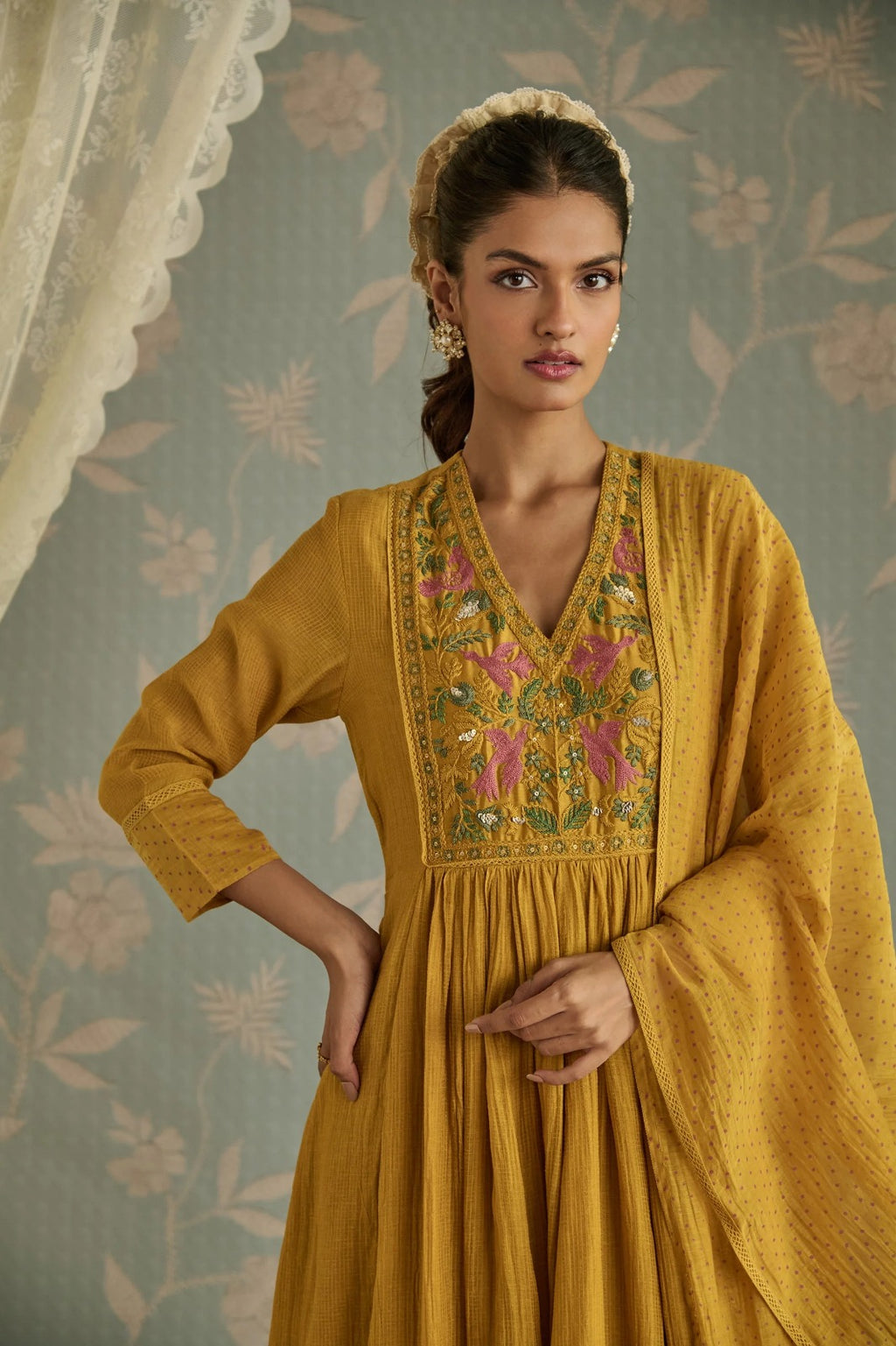Mustard Yellow Embroidered Kurta Set