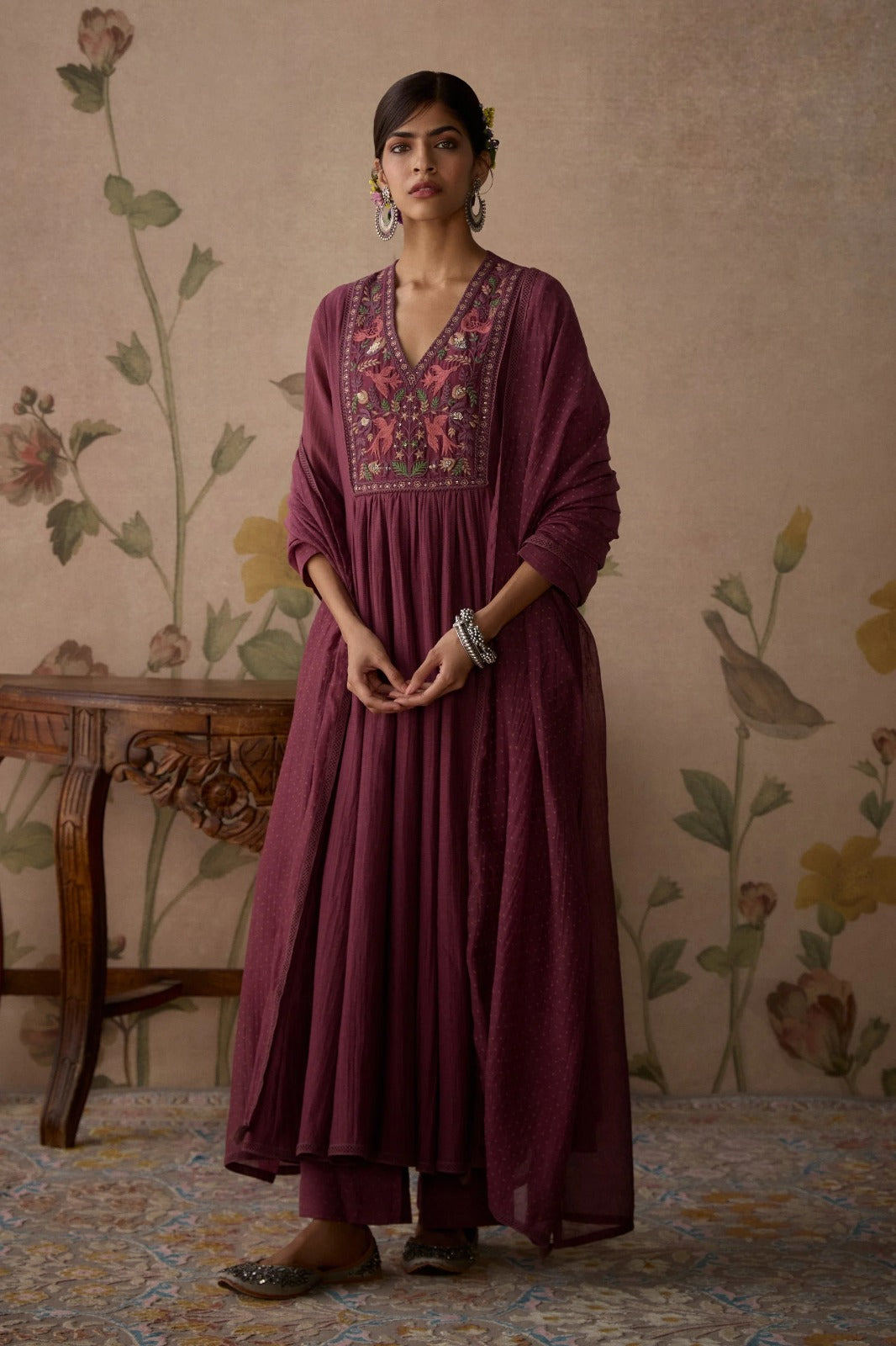 Wine Embroidered Kurta Set