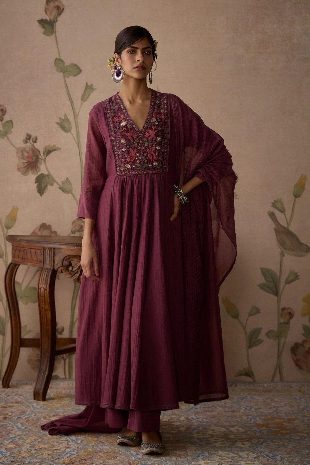 Wine Embroidered Kurta Set
