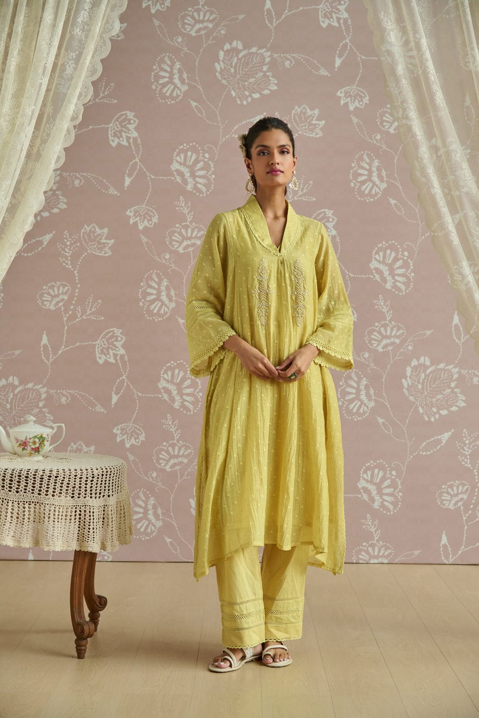 Lime Yellow Embroidered Kurta Set