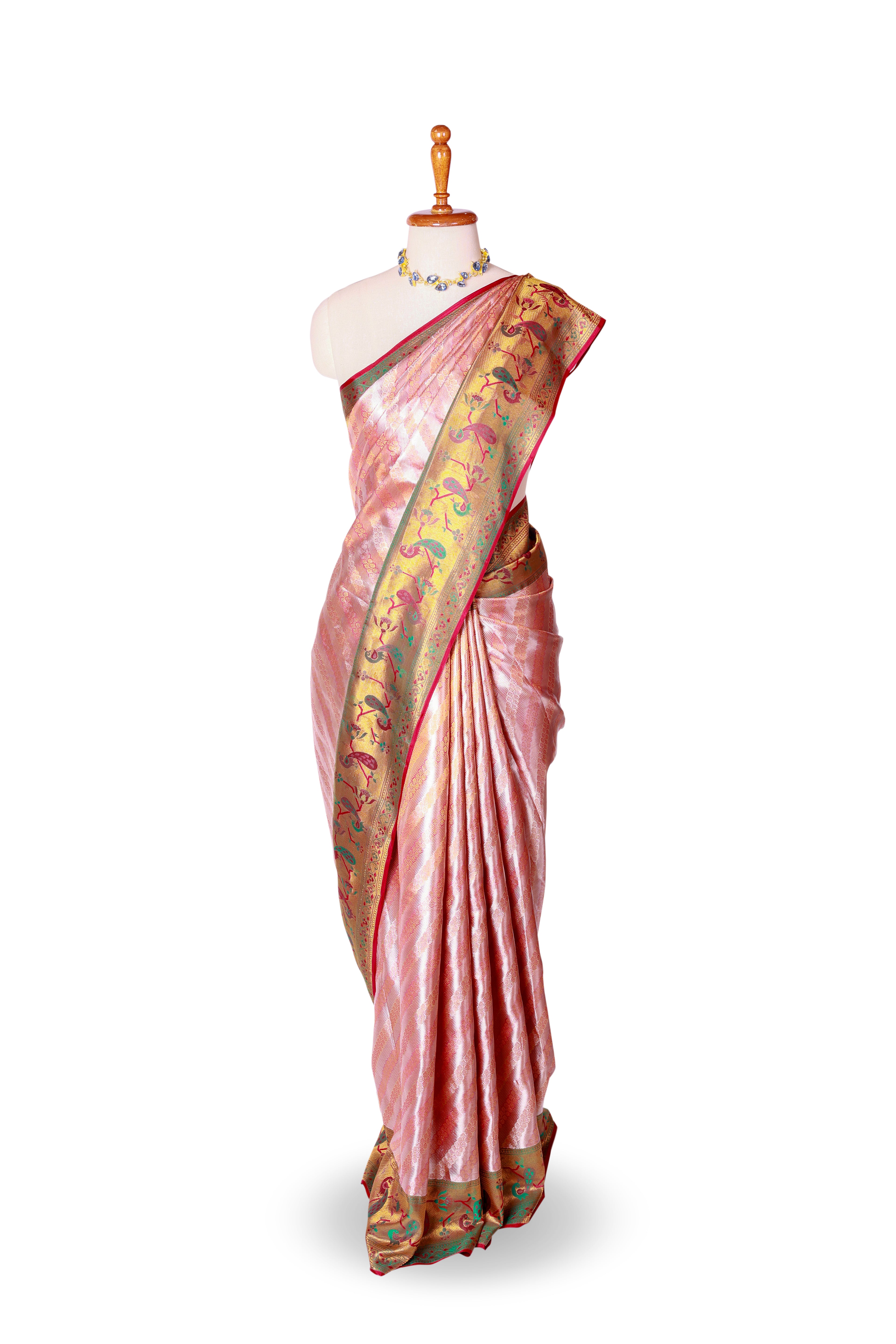 Pink Kancheepuram Pure Handwoven Silk Saree with Rose Gold Zari and Paithani Border