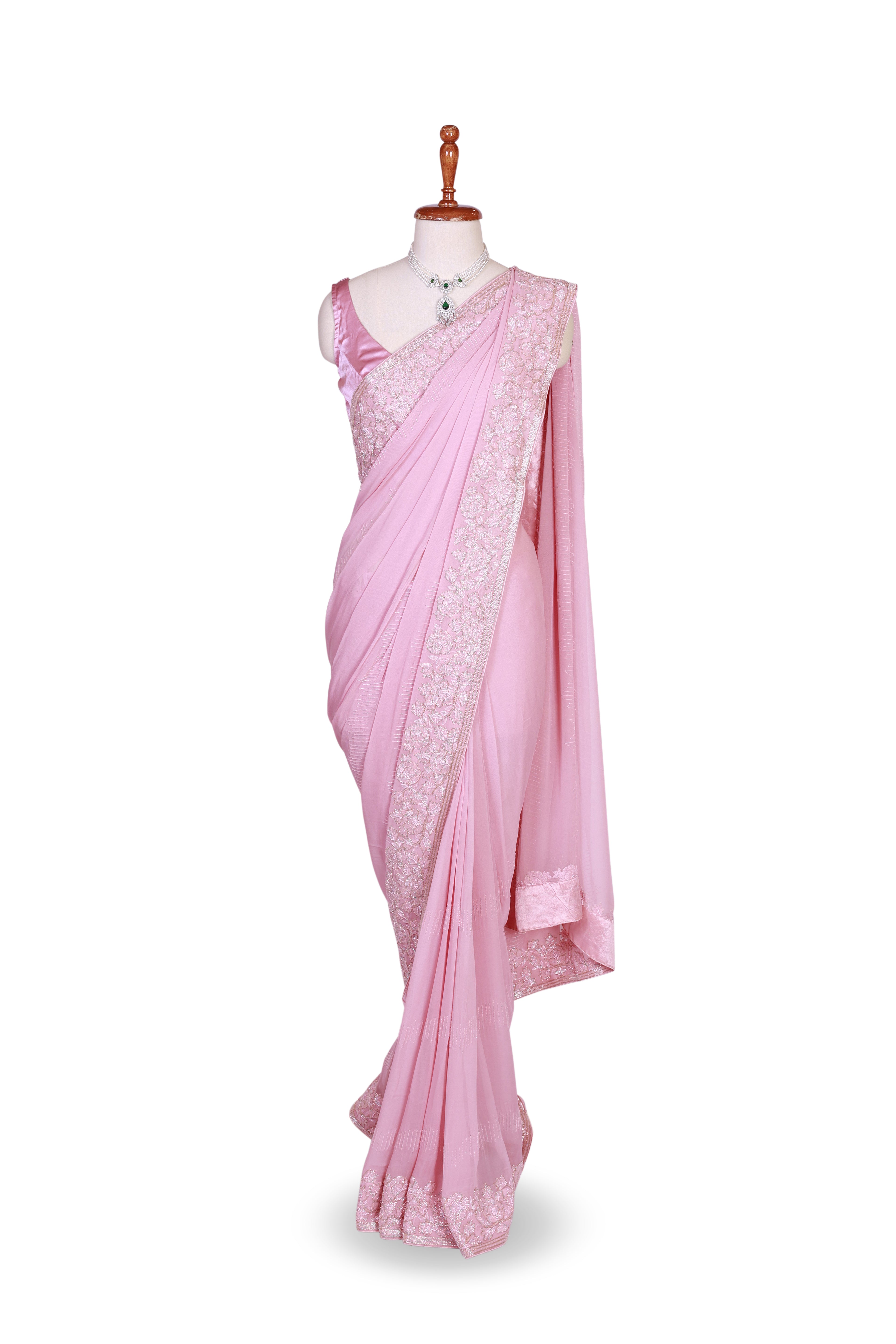 Pink  Floral Georgette Kardana And Zardozi Work Designer Saree