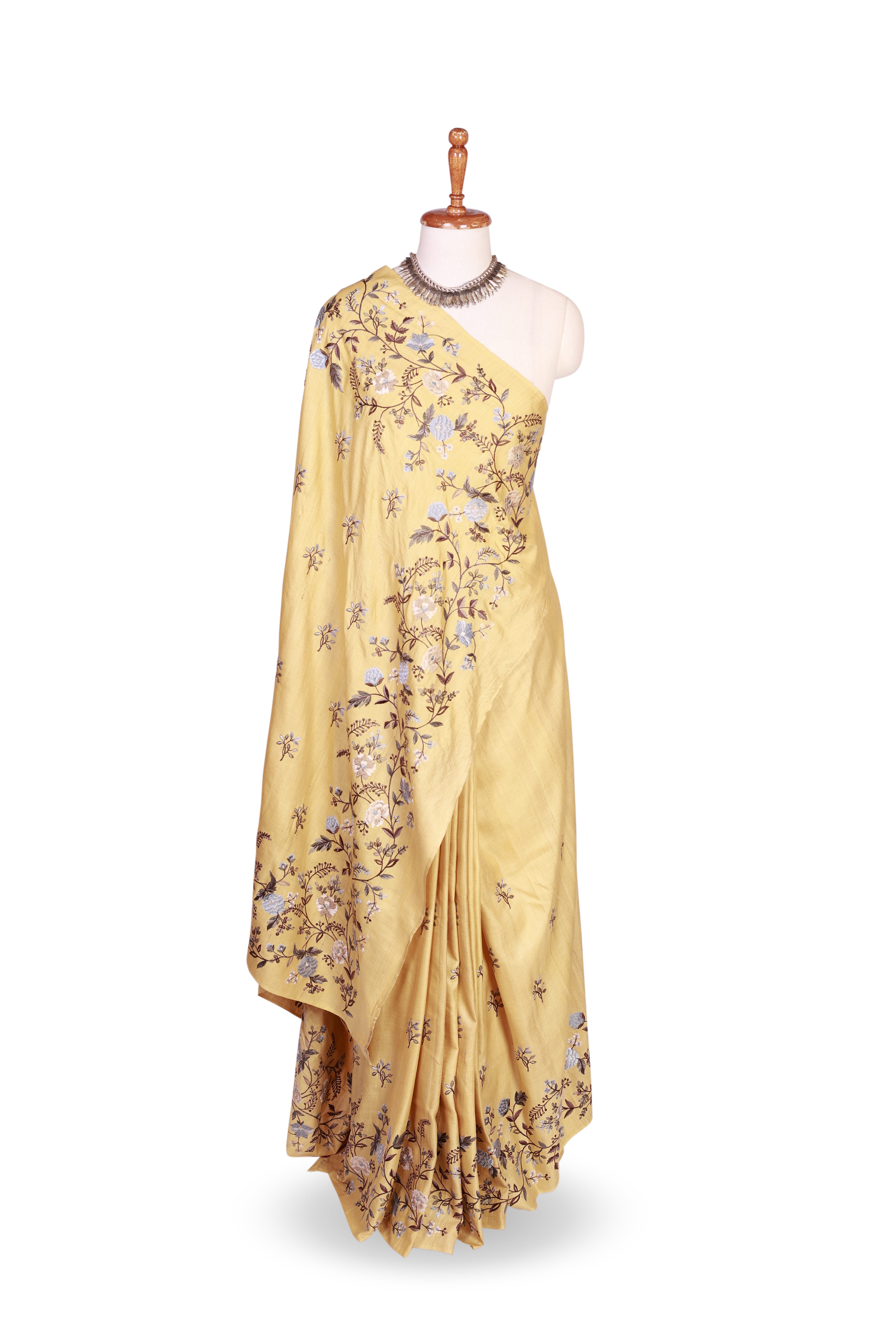 Yellow Tussar Minakari Thread Embroidery Designer Saree