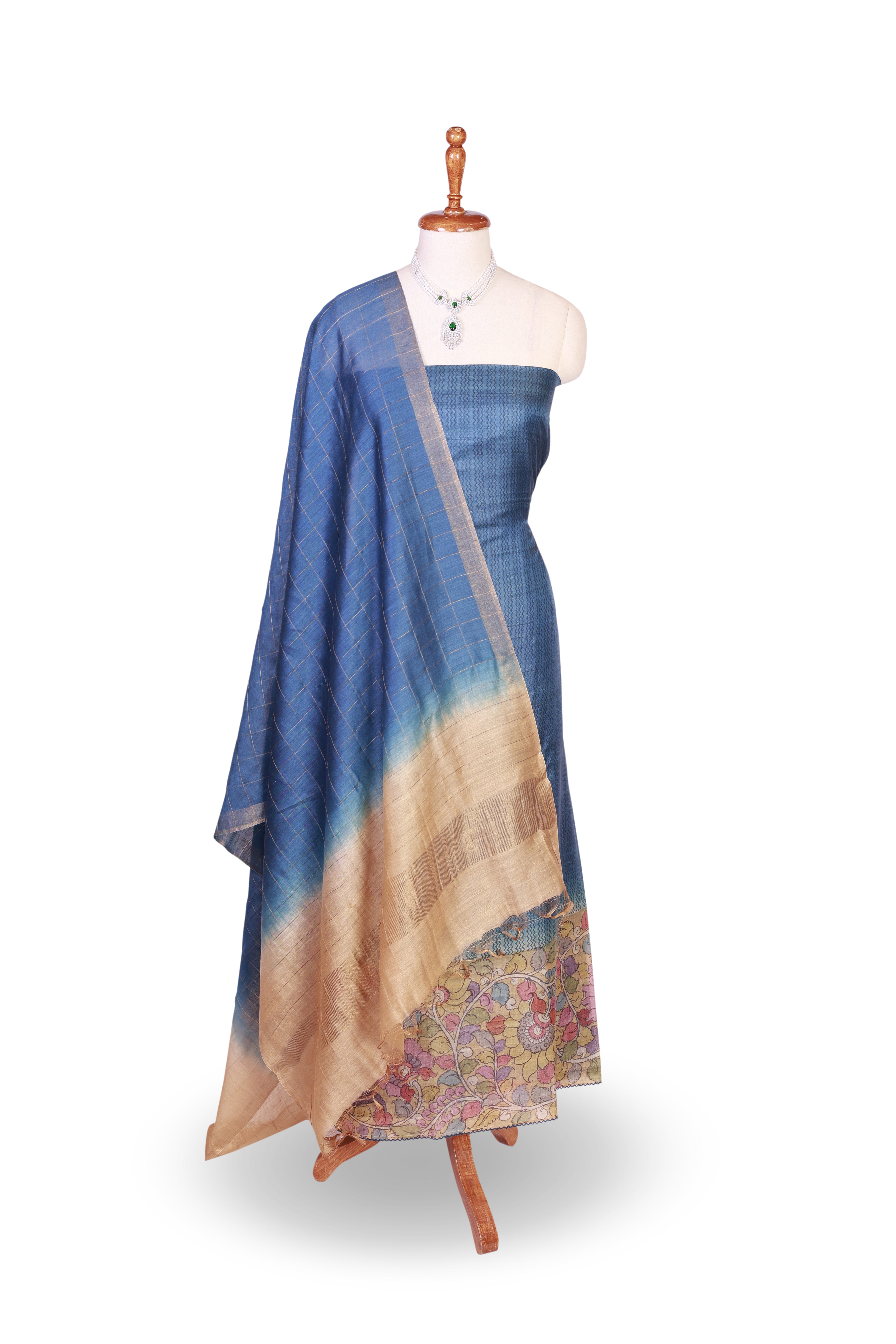 Blue & Beige Silk Suit Set With Handprinted Kalamkari Work