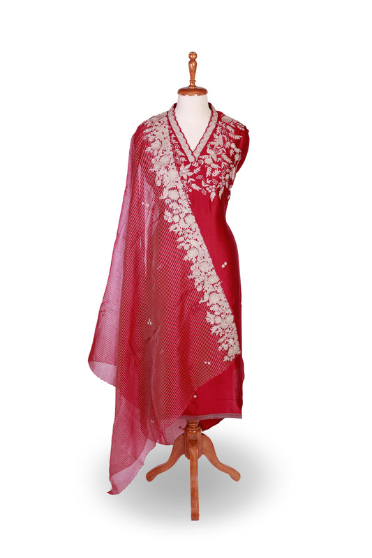 Crimson Red Embroidered  chanderi silk Suit Set
