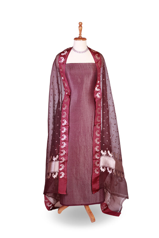 Maroon Textured Suit Set with Woven Organza Dupatta