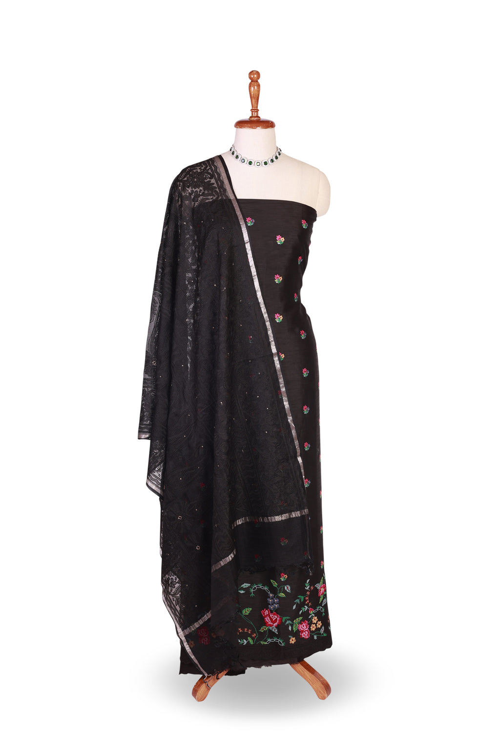 Black Silk Suit Set with Colorful Floral Embroidery and Woven Dupatta