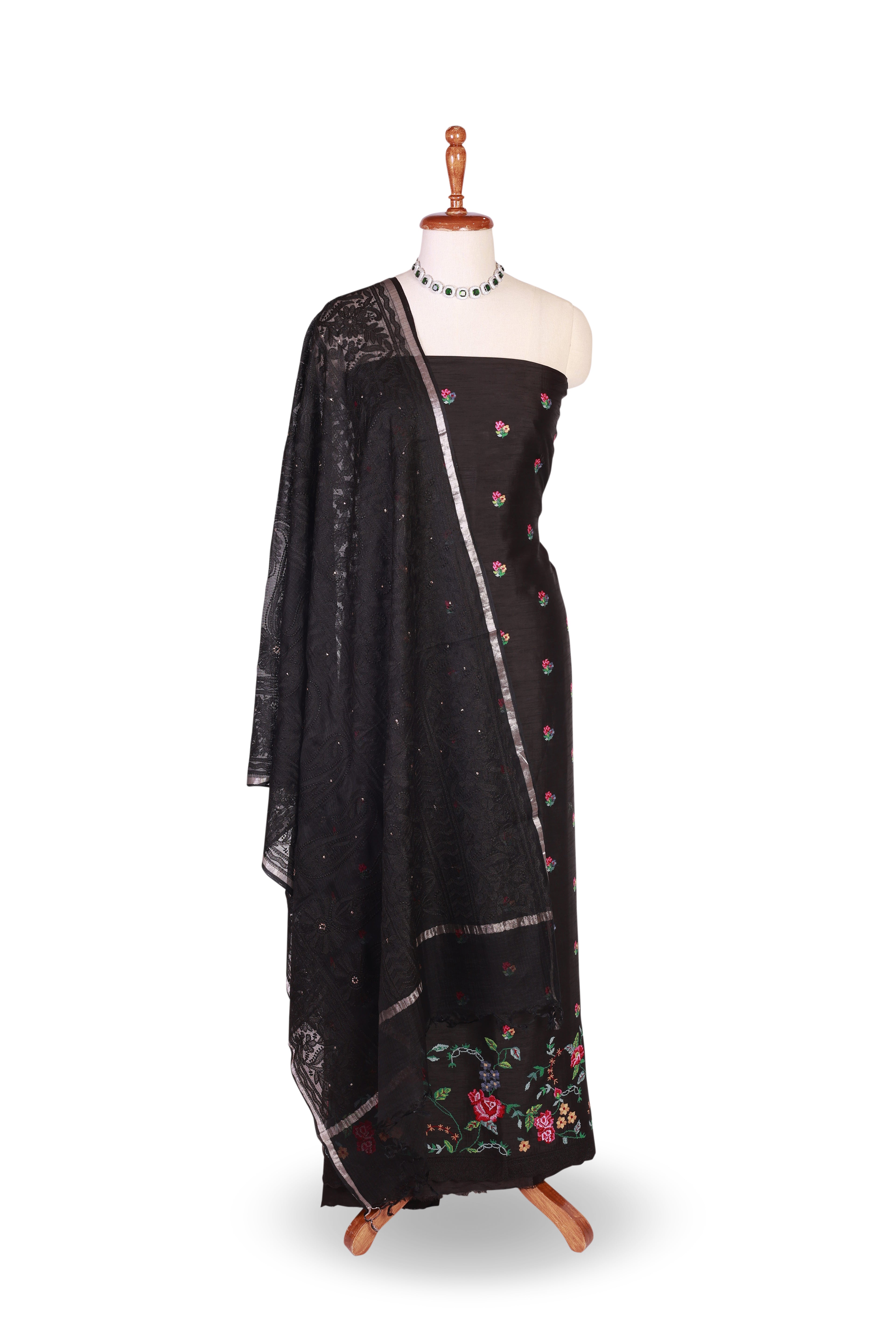 Black Silk Suit Set with Colorful Floral Embroidery and Woven Dupatta