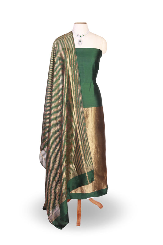 Emerald Green &amp; Gold Pure Silk Suit Set with Woven Dupatta