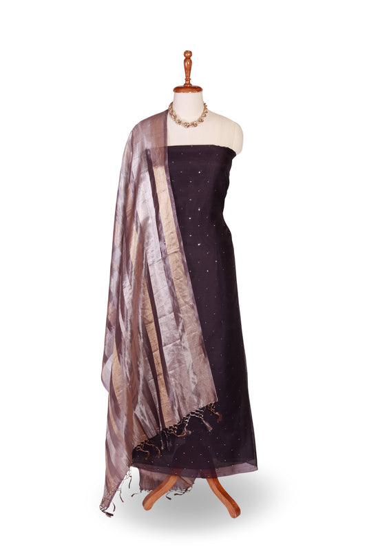 Aubergine Chanderi Silk Suit Set with Striped tissue silk Dupatta