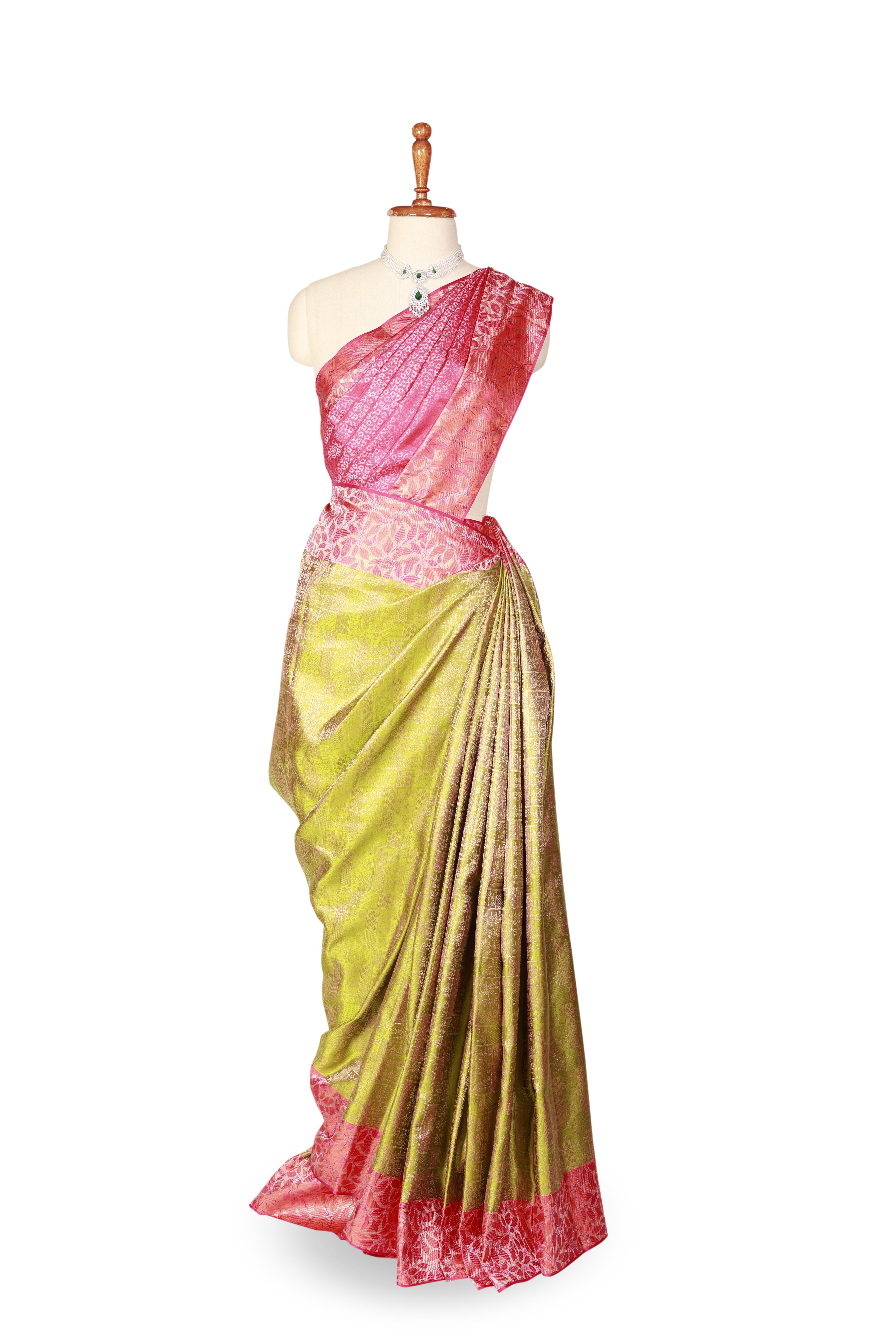 Green and Pink Kancheepuram Saree with Tanchoi Resham Weaving