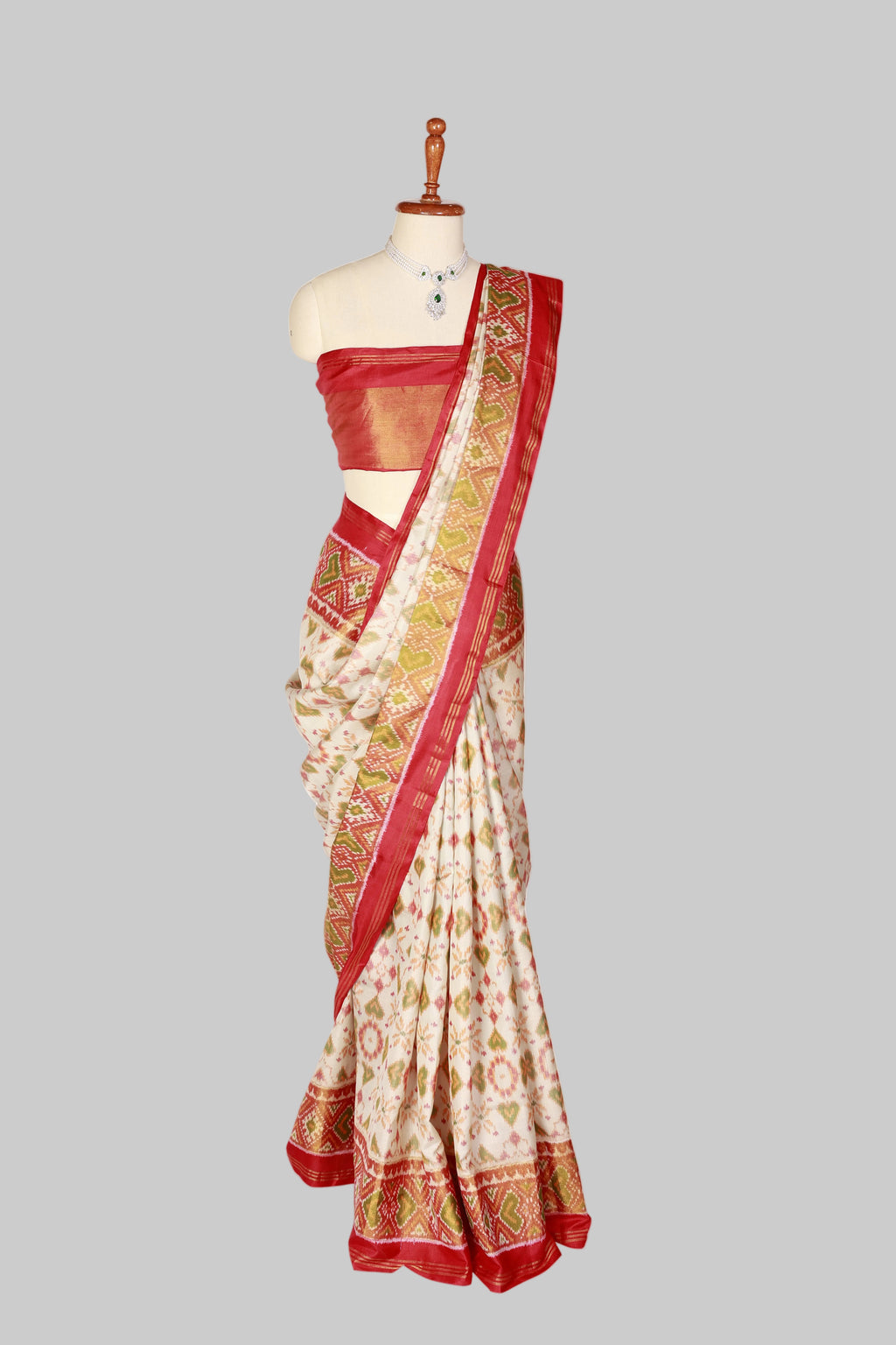 Elegant Off-White Patola Silk Saree with Red Border