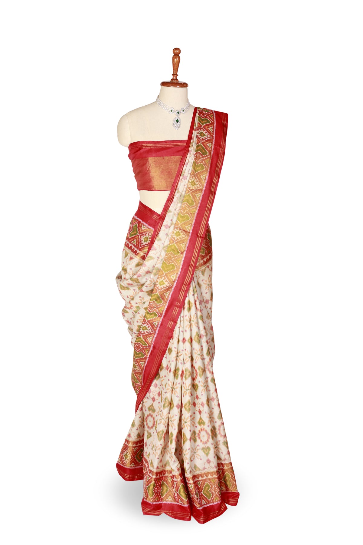 Elegant Off-White Patola Silk Saree with Red Border