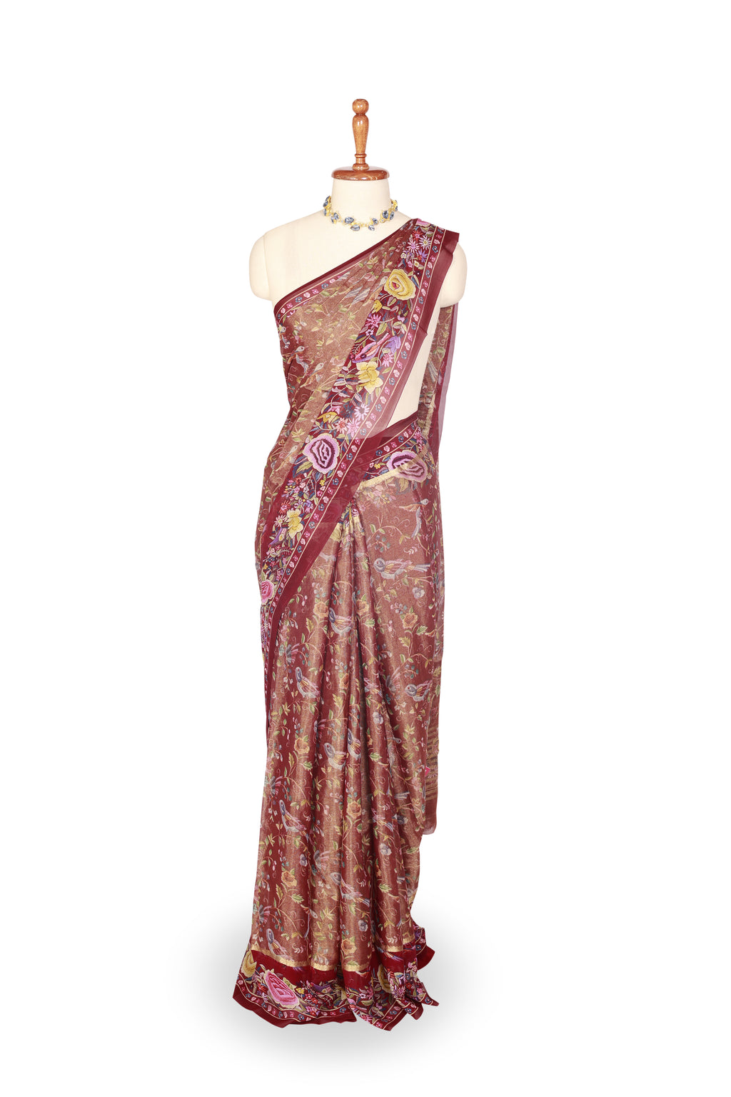 Maroon Pure Tissue Georgette Silk Saree with Handcrafted Kantha Embroidery and Embroidered Blouse