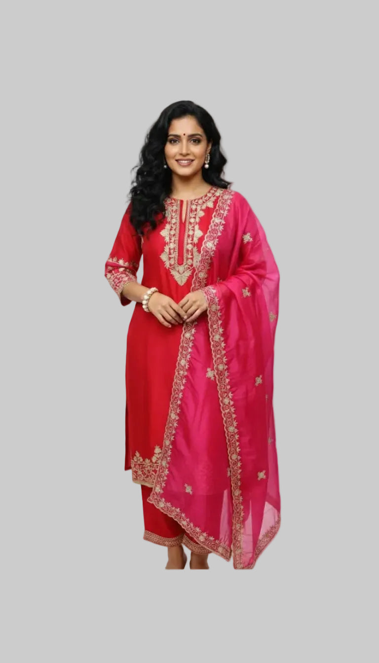 Graceful Red Kurta Set with Gold Embroidery and Sheer Pink Dupatta
