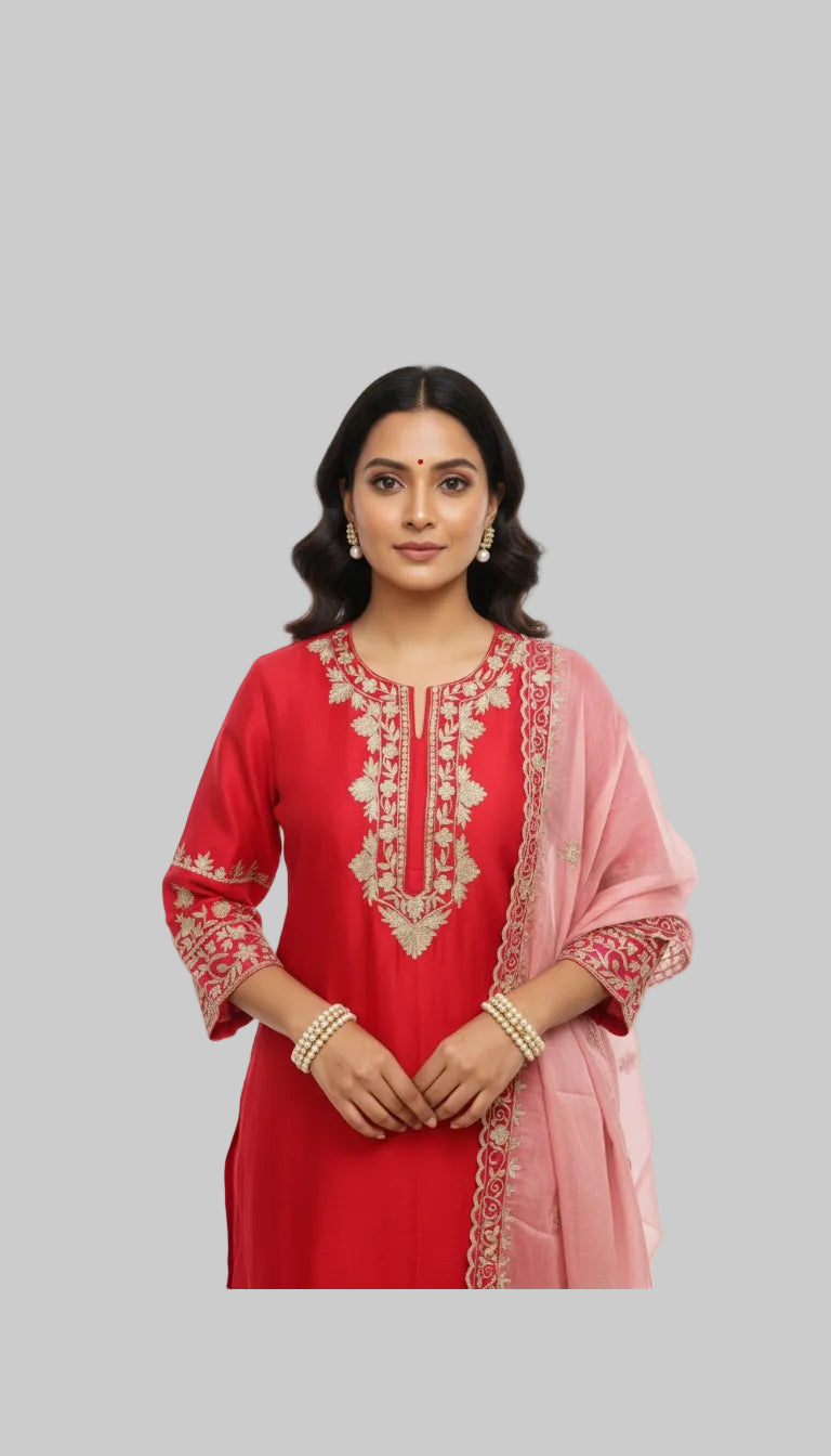 Graceful Red Kurta Set with Gold Embroidery and Sheer Pink Dupatta