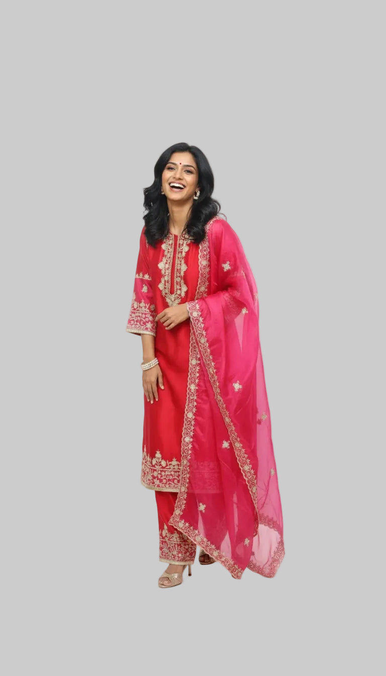 Graceful Red Kurta Set with Gold Embroidery and Sheer Pink Dupatta