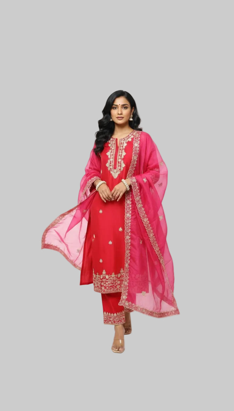 Graceful Red Kurta Set with Gold Embroidery and Sheer Pink Dupatta