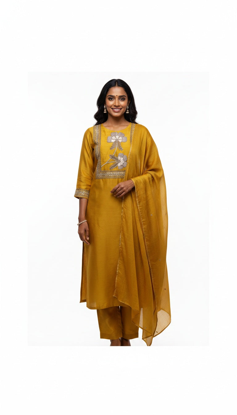 Mustard Embroidered Kurta Set with Dupatta
