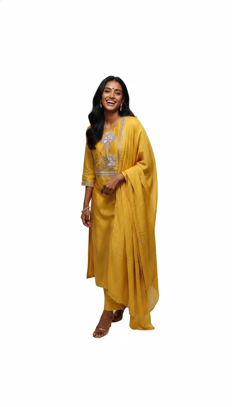 Mustard Embroidered Kurta Set with Dupatta