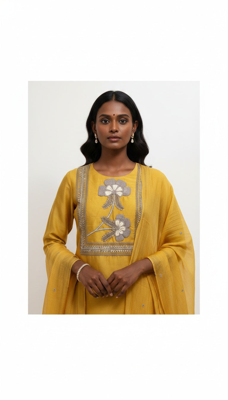Mustard Embroidered Kurta Set with Dupatta