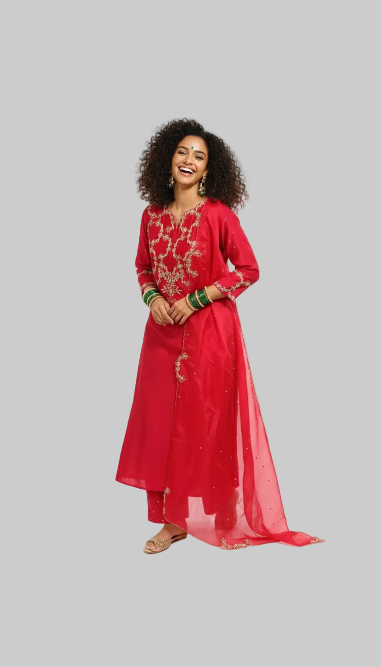 Red Embroidered Kurta Set with Dupatta