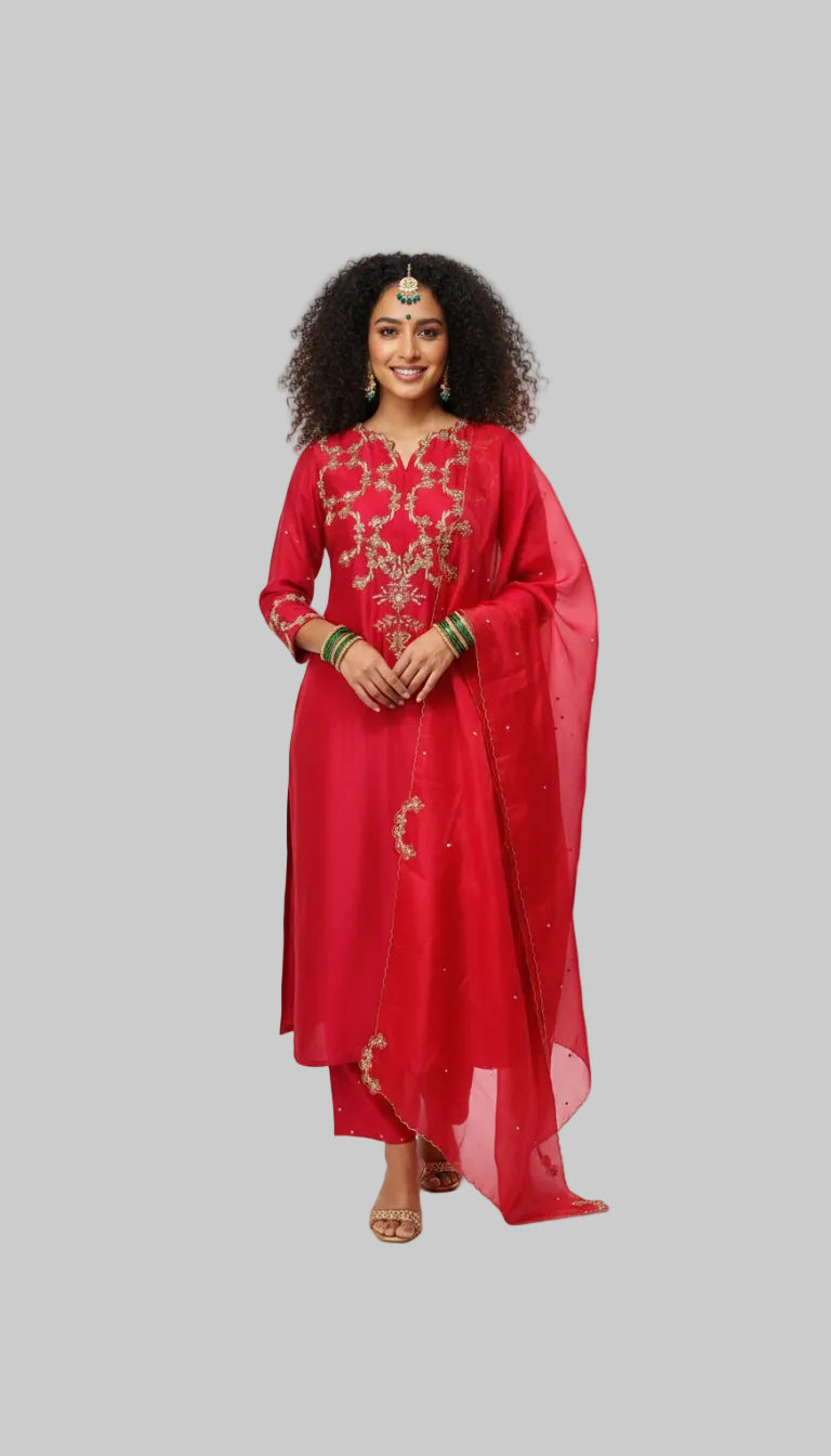Red Embroidered Kurta Set with Dupatta