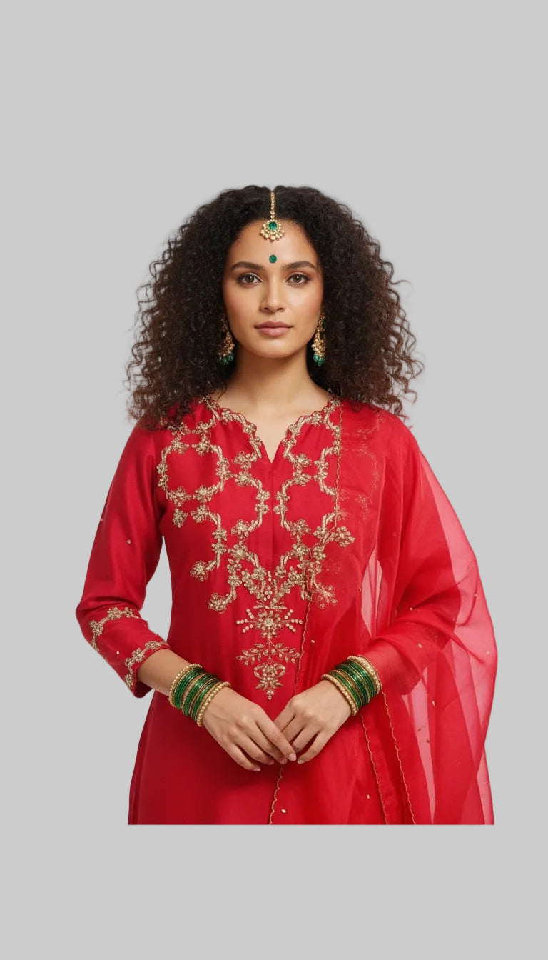 Red Embroidered Kurta Set with Dupatta