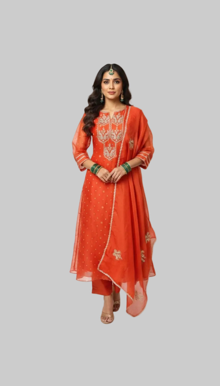 Vibrant and Elegant Orange Kurta Set with Delicate Embroidery