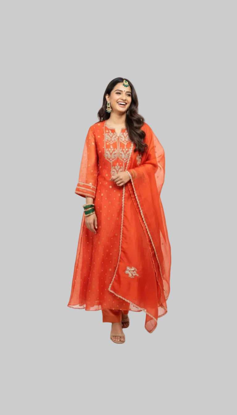 Vibrant and Elegant Orange Kurta Set with Delicate Embroidery