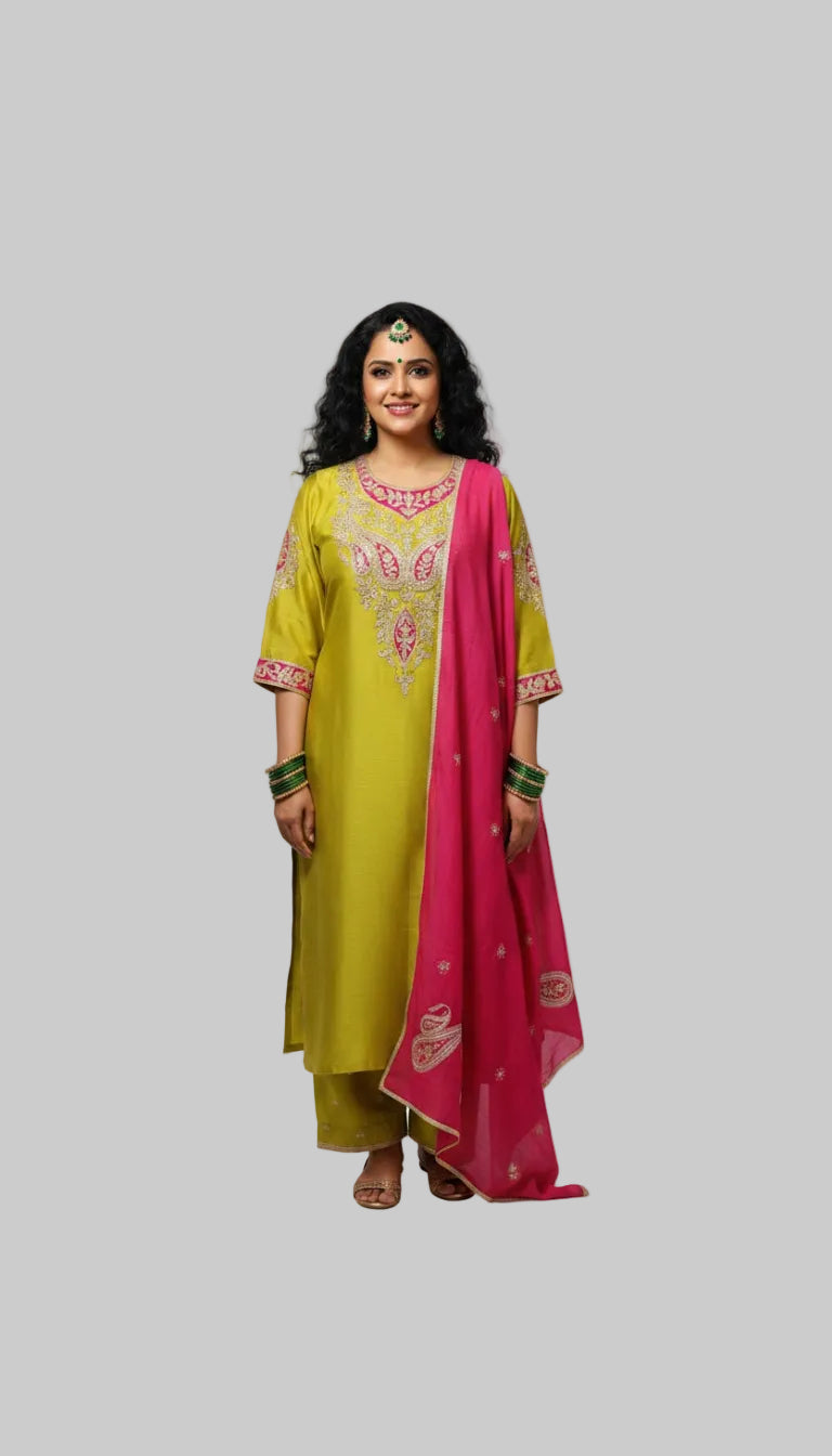 Radiant Lime Green & Pink Embroidered Kurta Set