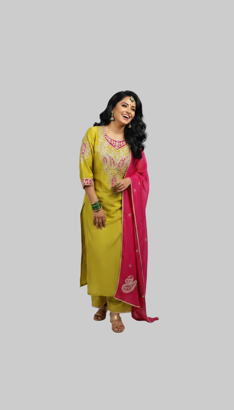 Radiant Lime Green & Pink Embroidered Kurta Set