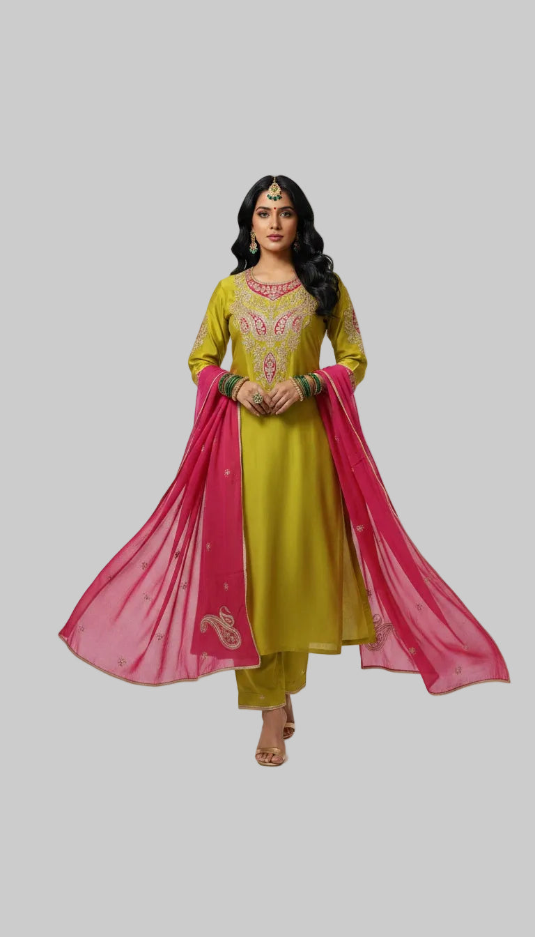 Radiant Lime Green & Pink Embroidered Kurta Set