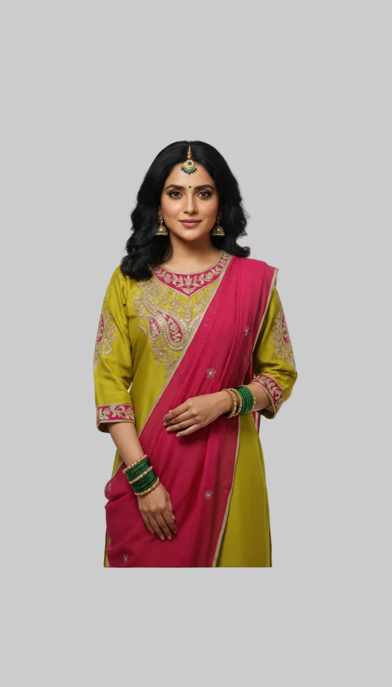 Radiant Lime Green & Pink Embroidered Kurta Set