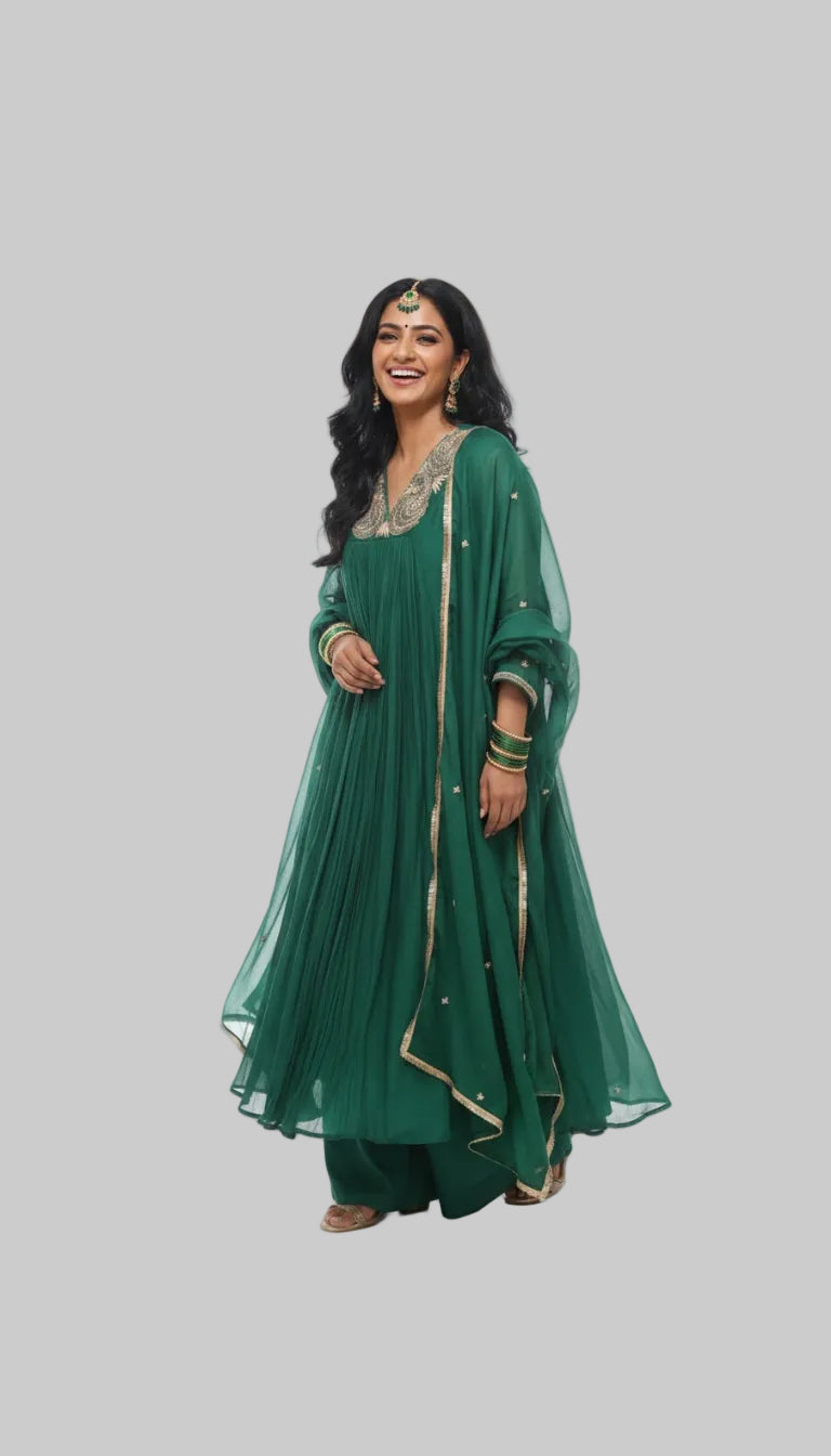 Emerald Green Embroidered Anarkali Kurta Set