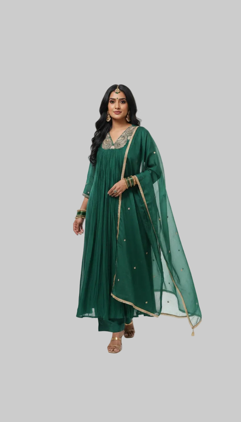 Emerald Green Embroidered Anarkali Kurta Set