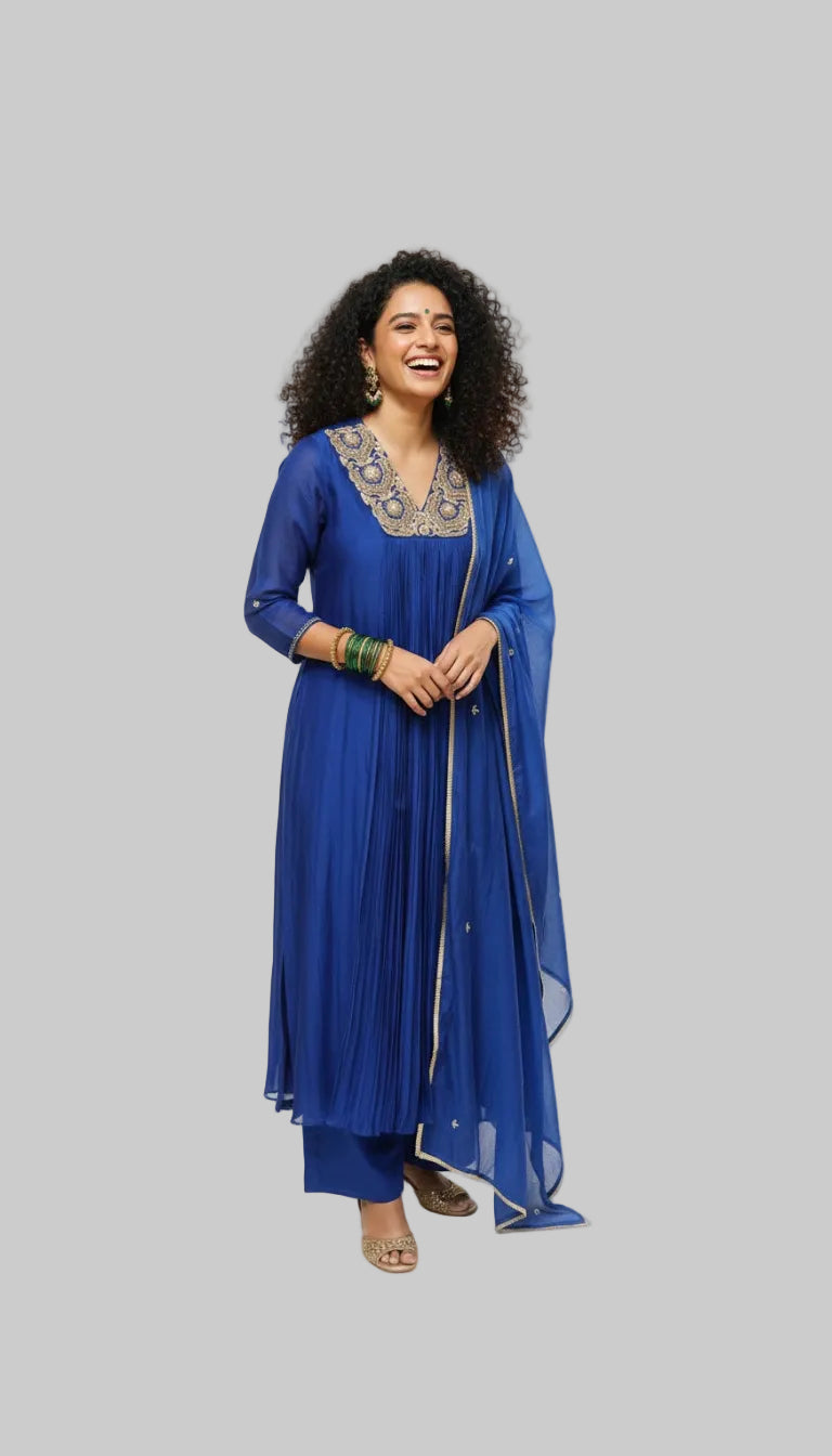 Royal Blue Embroidered Anarkali Kurta Set