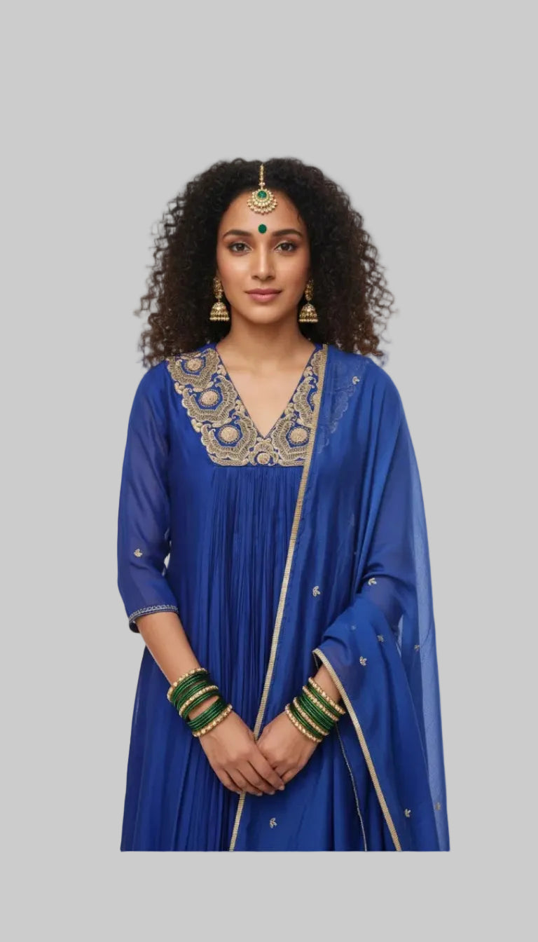 Royal Blue Embroidered Anarkali Kurta Set