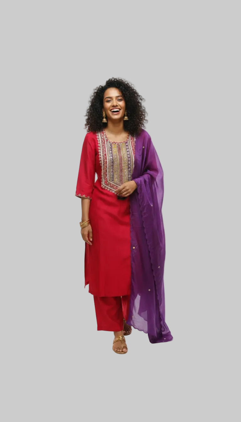 Elegant Red Kurta Set with Multicolor Embroidery with Dupatta