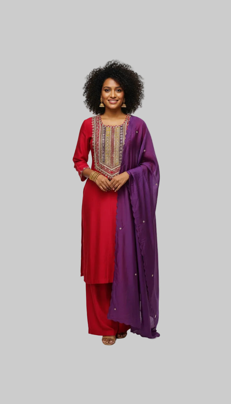 Elegant Red Kurta Set with Multicolor Embroidery with Dupatta
