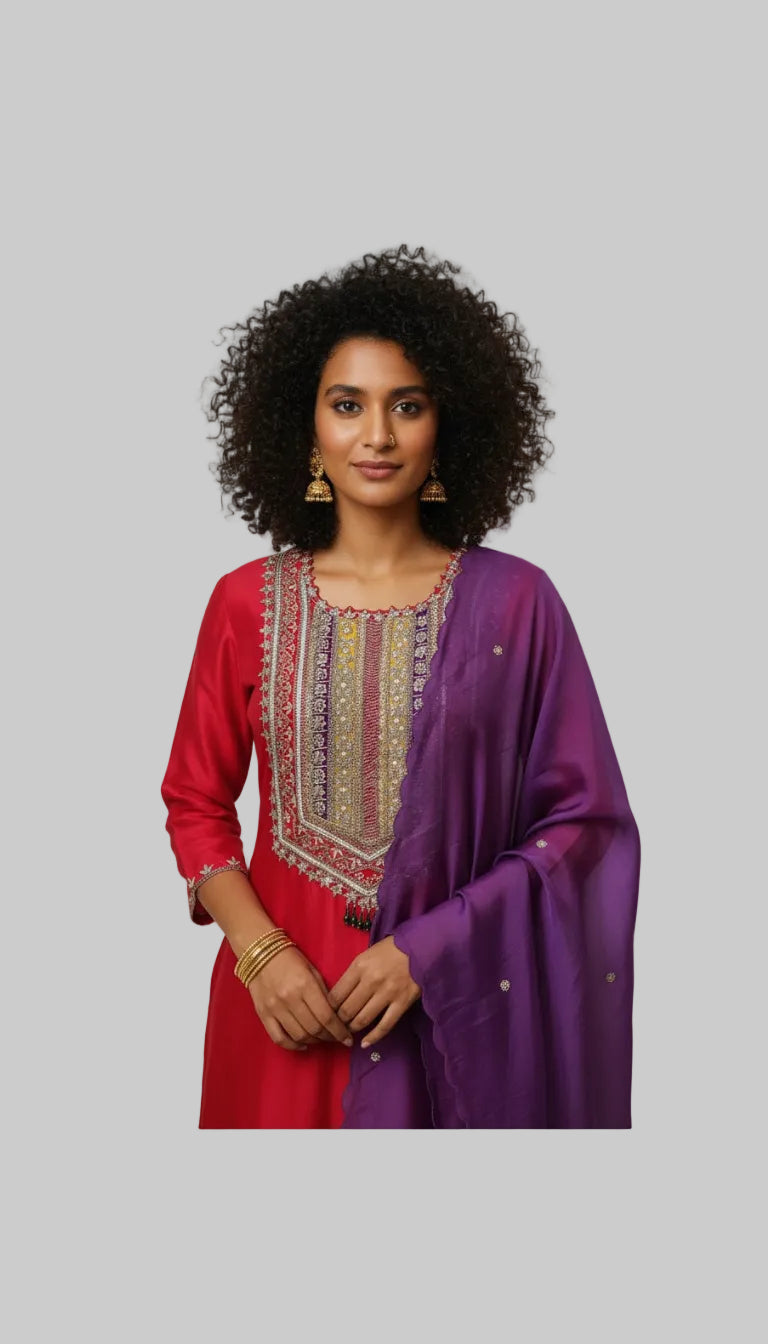 Elegant Red Kurta Set with Multicolor Embroidery with Dupatta