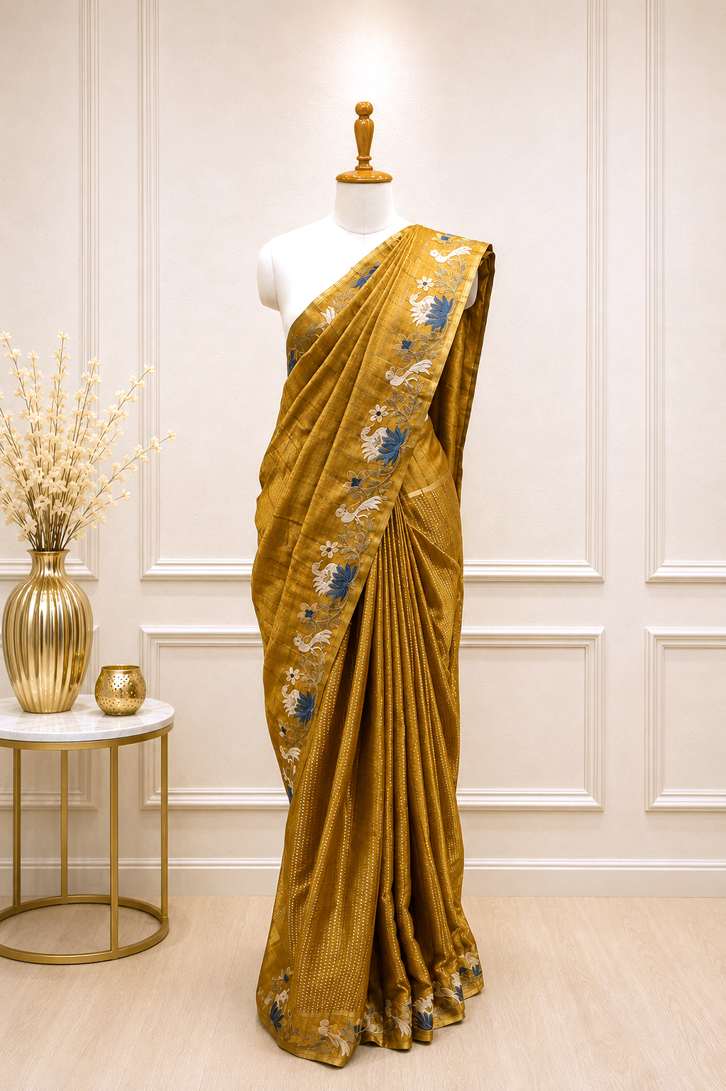 Dark Brown Cotton Tussar Saree with Floral Thread Work