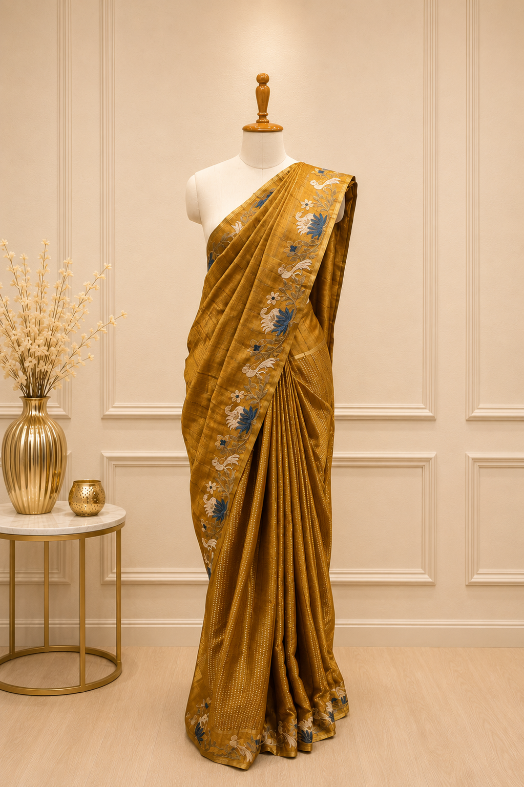 Dark Brown Cotton Tussar Saree with Floral Thread Work